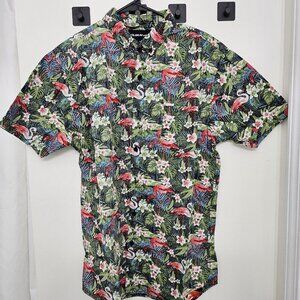MOLOKAI Surf Hawaiian Shirt Men's Tropical Flamingo Print Button-Down Cotton L